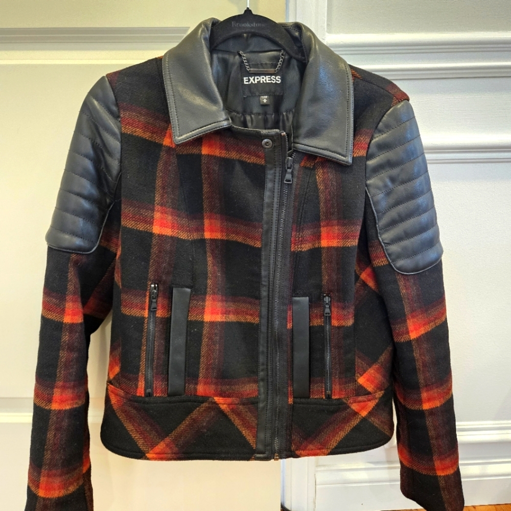 Express plaid wool and black vegan leather moto jacket